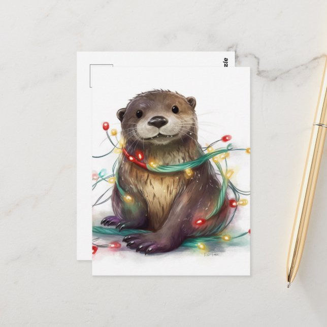 Adorable Otter Christmas Lights AI Art Postcard (Front/Back In Situ)