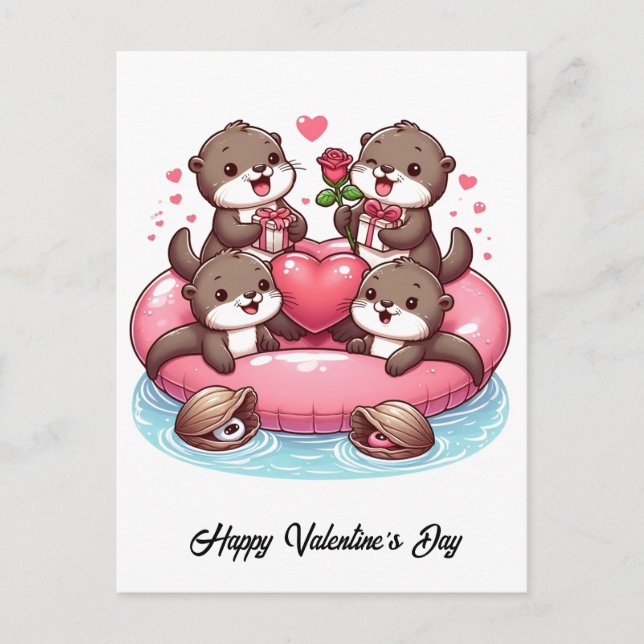 Adorable Otter family Valentine Postcard (Front)