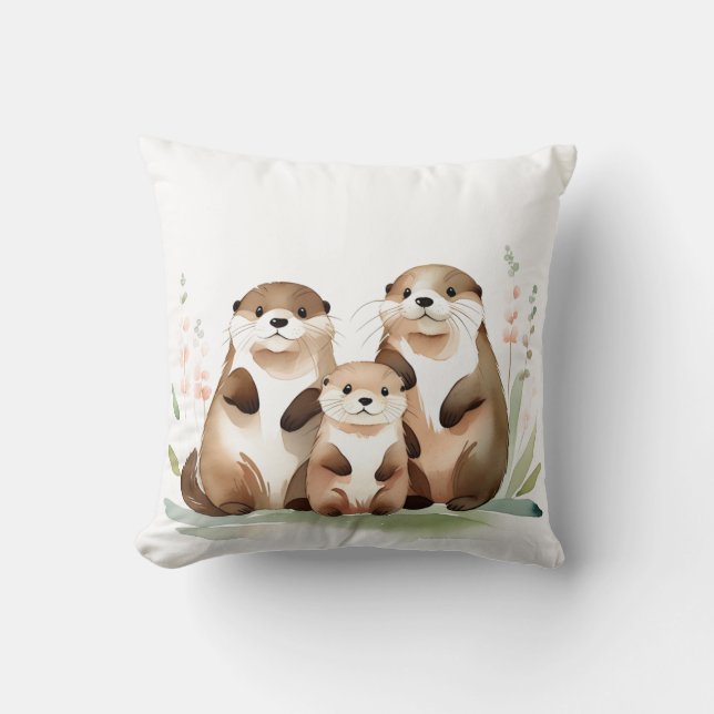 Adorable Otter Family With Flowers Cushion (Front)
