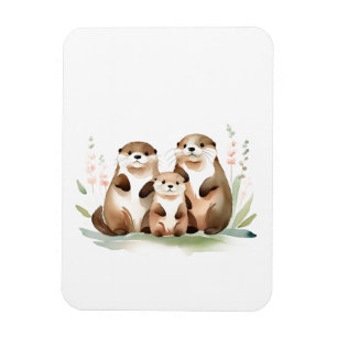 Adorable Otter Family With Flowers Magnet