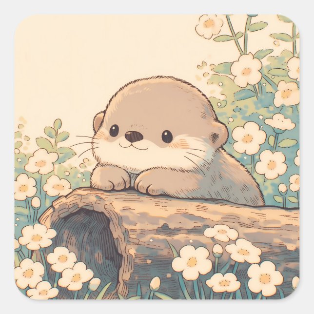 Adorable Otter Resting on Hollow Log Square Sticker (Front)