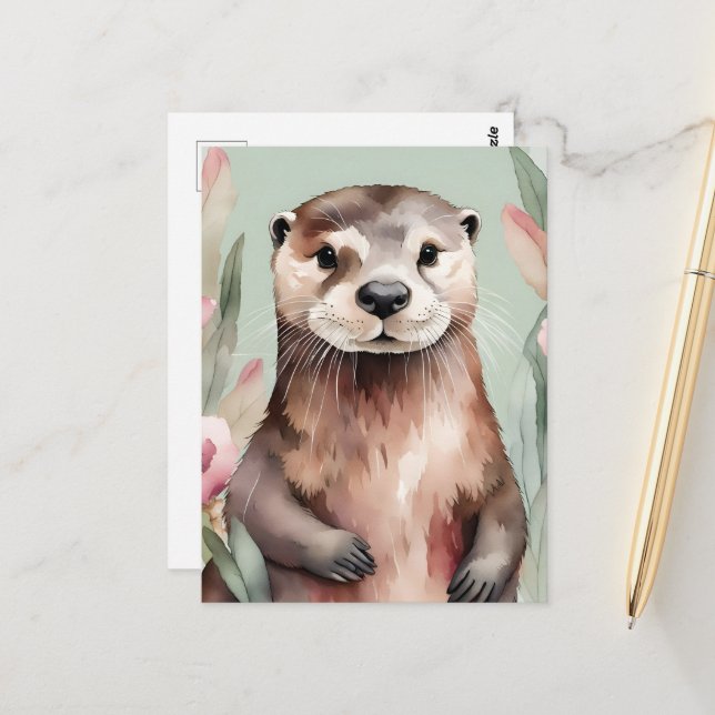 Adorable Otter Watercolor Postcard (Front/Back In Situ)