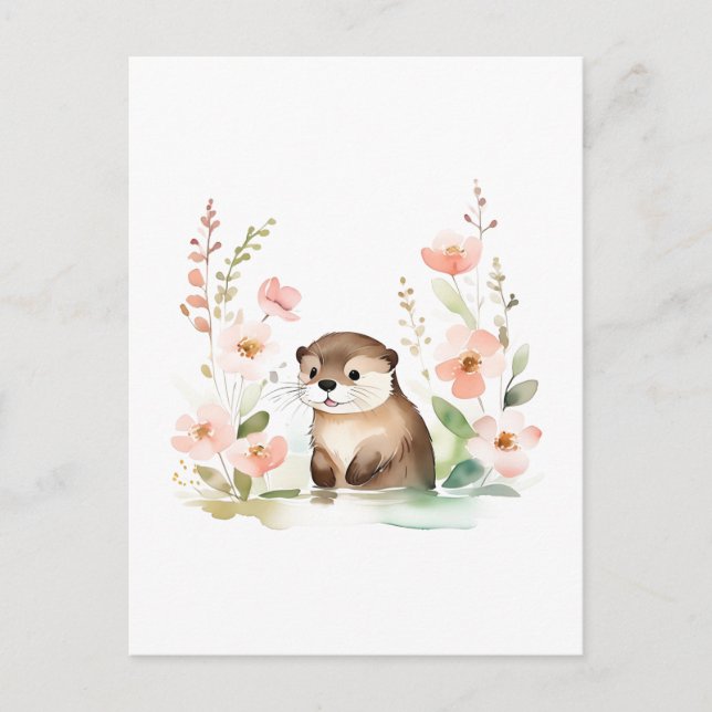 Adorable Otter With Flowers Postcard (Front)
