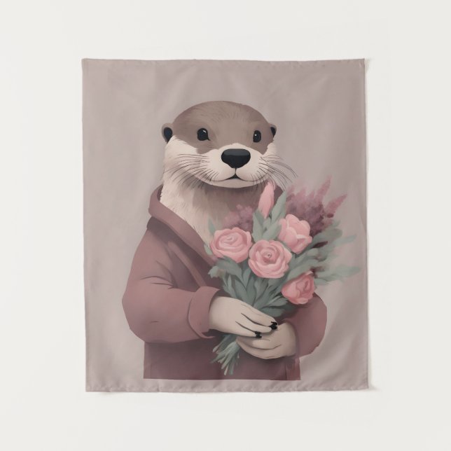 Adorable Otter With Flowers Tapestry (Front)