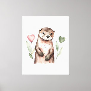 Adorable Otter With Heart Plants Canvas Print