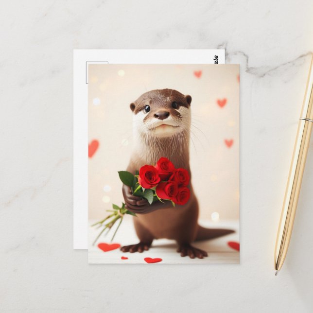 Adorable Otter With Red Roses Postcard (Front/Back In Situ)