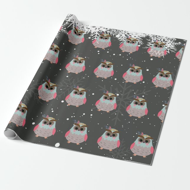 Adorable Owl and Snowflakes Christmas Wrapping Paper (Unrolled)