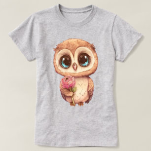 Adorable Owl Holding a Pink Rose T-Shirt