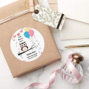 Adorable Owl with Balloons & Hearts Baby Shower Classic Round Sticker