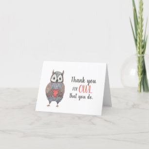 Adorable Owl with Heart Thank You Appreciation Card
