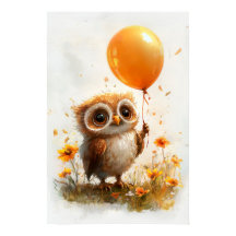 Adorable Owl with Orange Balloon - Whimsical Autum