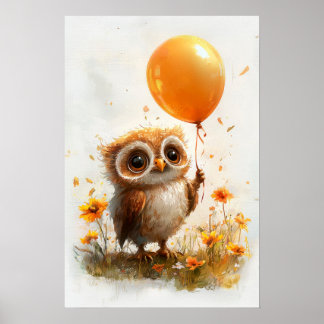 Adorable Owl with Orange Balloon - Whimsical Autum Poster