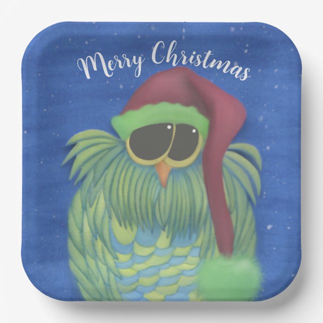 Adorable Owl with Santa Hat Paper Plate (Front)