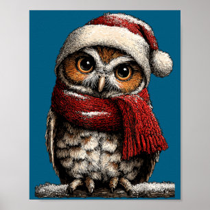 Adorable Owl With Santa Hat Snowy Winter Christmas Poster
