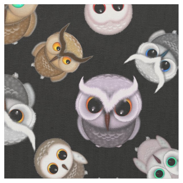 Adorable Owls on Black Background Fabric (Close Up)