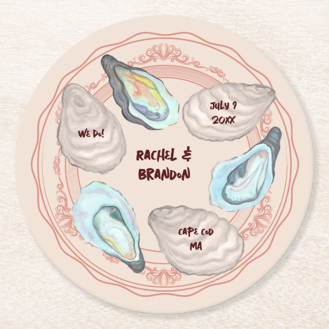 Adorable Oyster Roast "Plate" Coastal Wedding Round Paper Coaster (Front)