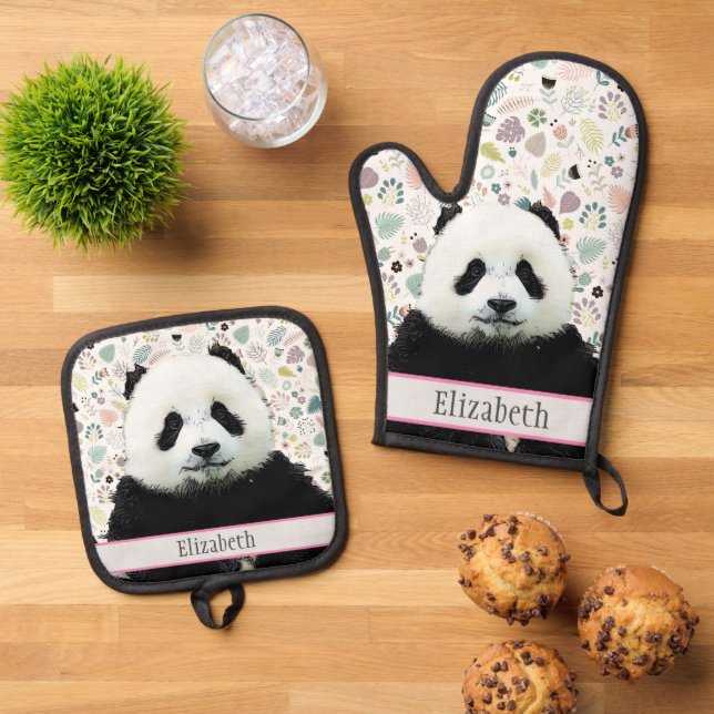Adorable Panda Bear Animal Name Pretty Pattern Oven Mitt & Pot Holder Set (Top Down)