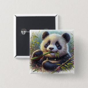 Adorable Panda Bear Eating Bamboo 15 Cm Square Badge