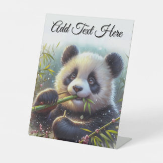 Adorable Panda Bear Eating Bamboo Add Script Pedestal Sign