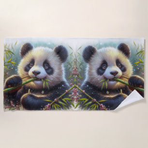 Adorable Panda Bear Eating Bamboo Beach Towel