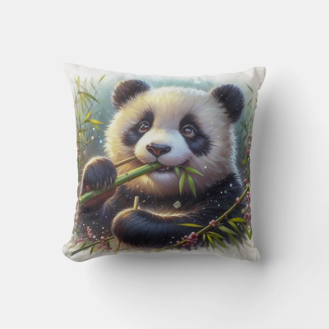 Adorable Panda Bear Eating Bamboo Cushion (Front)