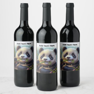 Adorable Panda Bear Eating Bamboo Custom Text Wine Label