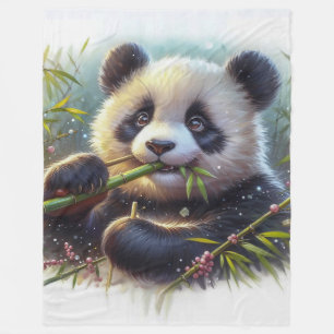 Adorable Panda Bear Eating Bamboo Fleece Blanket