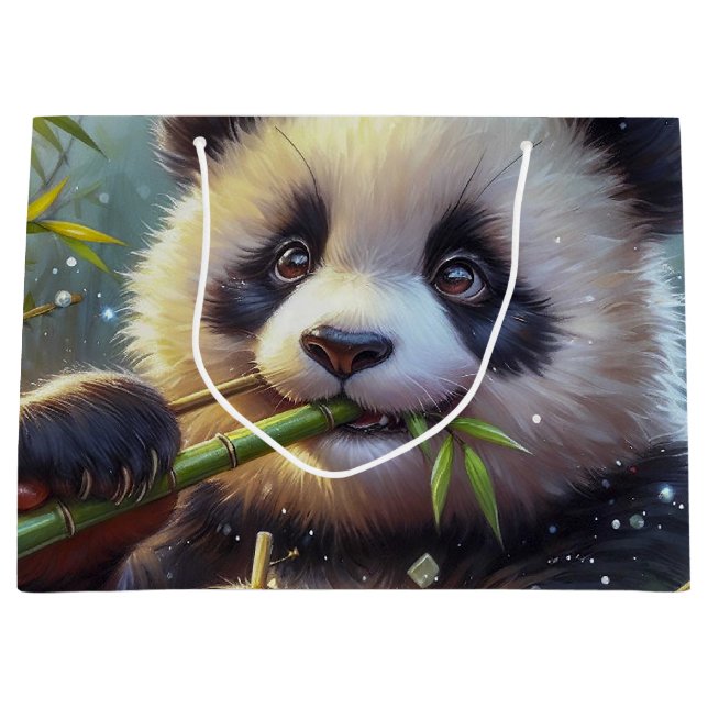 Adorable Panda Bear Eating Bamboo Large Gift Bag (Front)