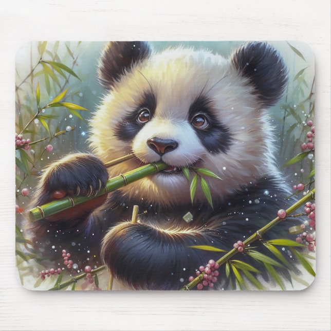 Adorable Panda Bear Eating Bamboo Mouse Pad (Front)
