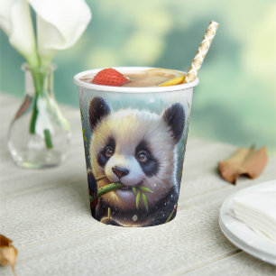 Adorable Panda Bear Eating Bamboo Paper Cups
