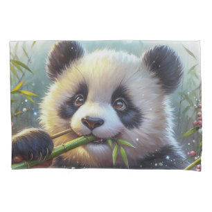 Adorable Panda Bear Eating Bamboo Pillowcase