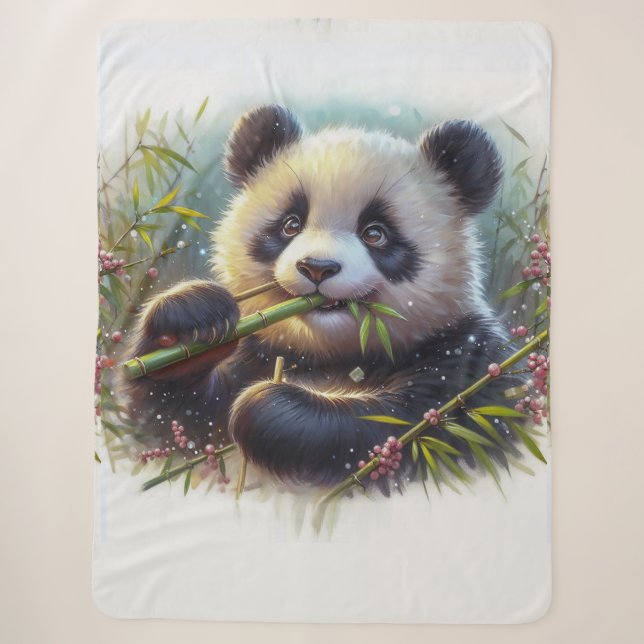 Adorable Panda Bear Eating Bamboo Sherpa Blanket (Front)