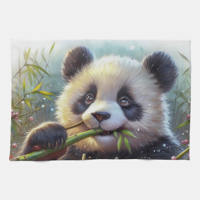 Adorable Panda Bear Eating Bamboo Tea Towel (Horizontal)