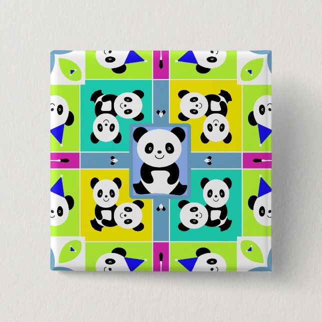 Adorable Panda Bears Bright Colours 15 Cm Square Badge (Front)