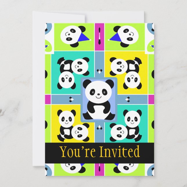 Adorable Panda Bears Bright Colours Invitation (Front)