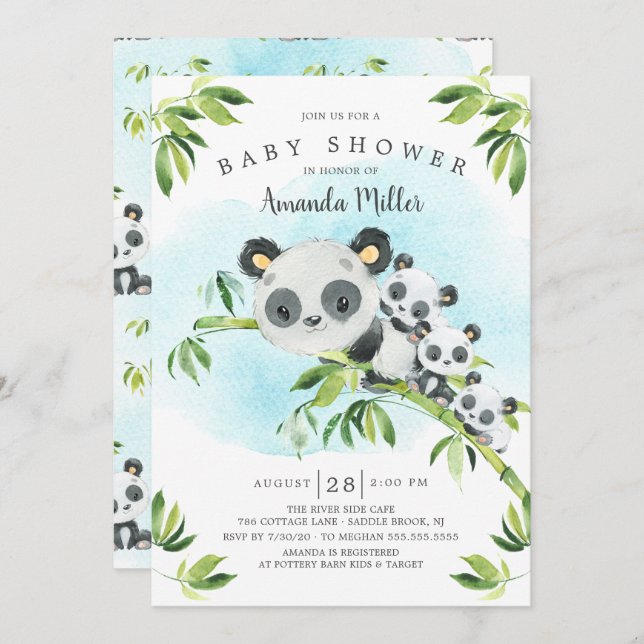 Adorable Panda Bears Triplets Baby Shower Invitation (Front/Back)