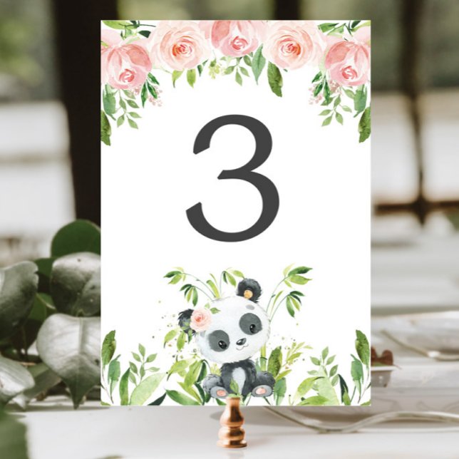 Adorable Panda Pink Floral Greenery Baby Shower Table Number (Creator Uploaded)