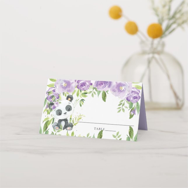 Adorable Panda Purple Floral Greenery Baby Shower Place Card (Front)