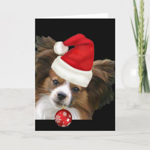 Adorable Papillon  dog in a Santa hat Holiday Card