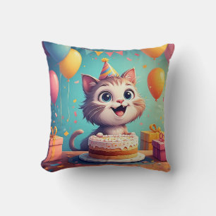 Adorable Party Cat With Cake and Balloons Cushion