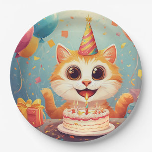Adorable Party Cat With Cake and Balloons Paper Plate