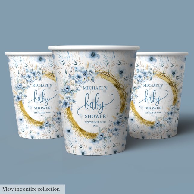 Adorable pastel blue flowers gold boho paper cups (Adorable pastel blue flowers gold boho paper cups)