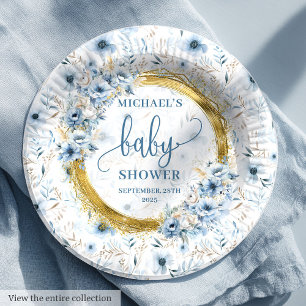 Adorable pastel blue flowers gold boho shower  paper plate