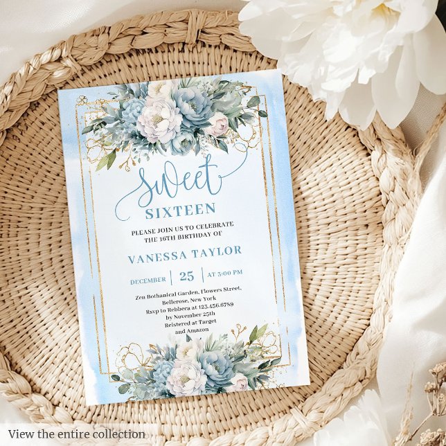 Adorable Pastel Blue White Floral Sweet 16 Invites (Adorable Pastel Blue White Floral Sweet 16 Invitation)
