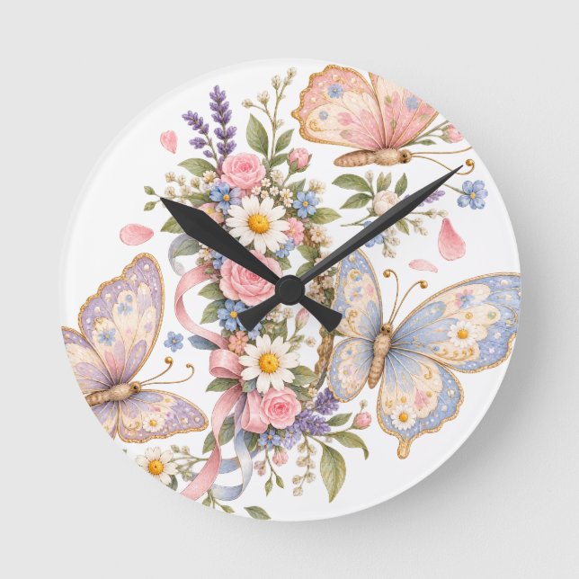 Adorable Pastel Butterfly Art  Round Clock (Front)
