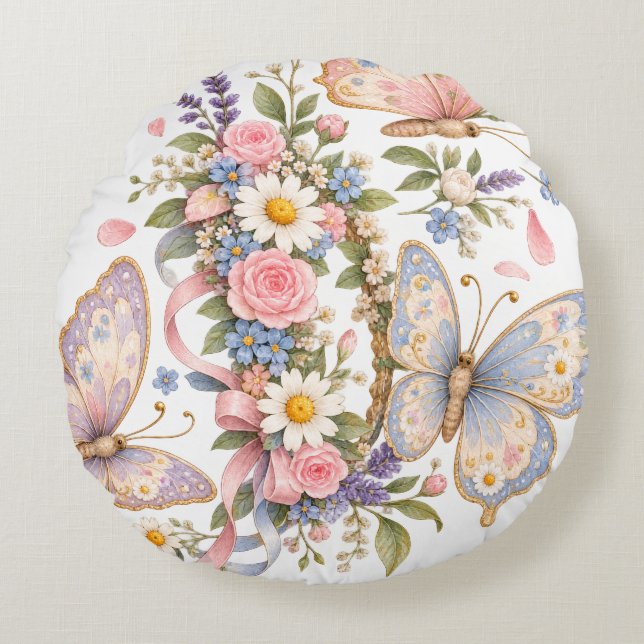 Adorable Pastel Butterfly Art  Round Cushion (Front)