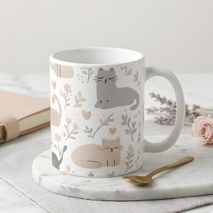 Adorable Pastel Cat & Floral Pattern Coffee Mug