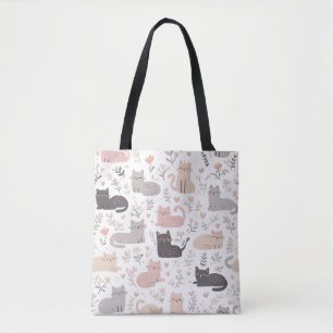 Adorable Pastel Cat & Floral Pattern Tote Bag