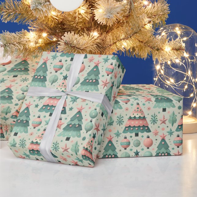 Adorable Pastel Preteen Christmas Trees Holiday Wrapping Paper (Holidays)