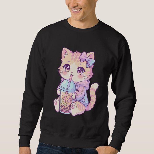 Adorable Pastel Tabby Cat Drinking Boba Art Kawaii Sweatshirt (Front)